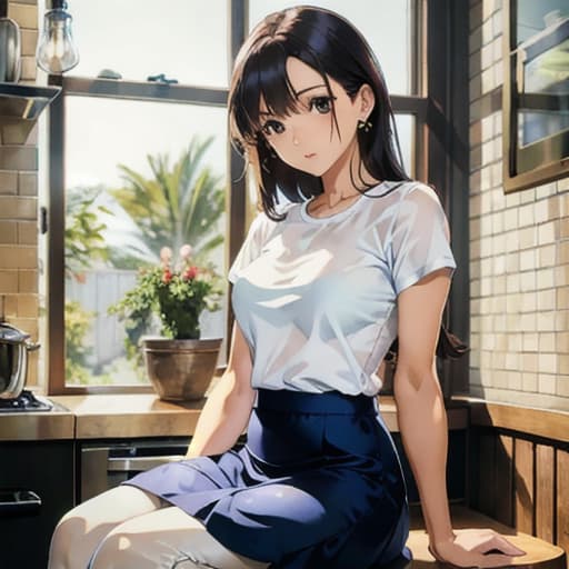  master piece , best quality,Married woman, kitchen, transparent t shirt, tight long skirt, beautiful woman, pants visible, sitting on chair, legs open