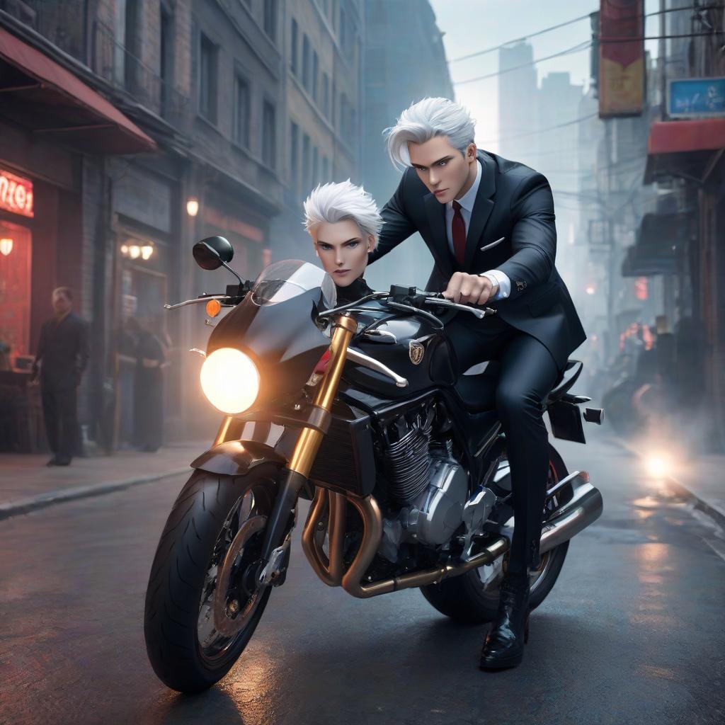  A guy on a motorcycle, wearing a black classic suit, a red shirt, with blue eyes and white hair. hyperrealistic, full body, detailed clothing, highly detailed, cinematic lighting, stunningly beautiful, intricate, sharp focus, f/1. 8, 85mm, (centered image composition), (professionally color graded), ((bright soft diffused light)), volumetric fog, trending on instagram, trending on tumblr, HDR 4K, 8K