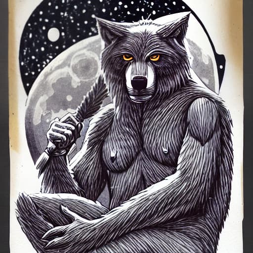  Hombre Lobo con penacho de indio pluma blanca en bosque con luna llena