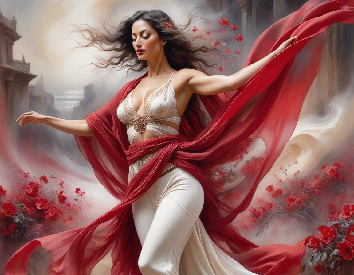  abstract expressionist painting depict an spanish woman, dancing, flowing floral scarf, elegant body lining. the backdrop is an ethereal spanish dreamscape of soft tones crimson, red, off white, magenta, grey. highly detailed. magic realism. alchemy. pastels, pen, ink and wash. luis royo, joaquin sorolla, georgia o’keeffe, arthur rackham. highest quality . energetic brushwork, bold colors, abstract forms, expressive, emotional hyperrealistic, full body, detailed clothing, highly detailed, cinematic lighting, stunningly beautiful, intricate, sharp focus, f/1. 8, 85mm, (centered image composition), (professionally color graded), ((bright soft diffused light)), volumetric fog, trending on instagram, trending on tumblr, HDR 4K, 8K