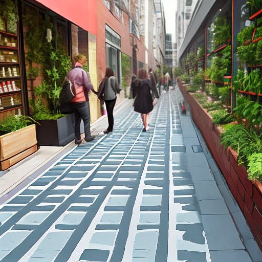  Urban sidewalk design for people without car traffic, the sidewalk walls of commercial shops are brick-faced, the path is covered with creeping plants and gardens, geometric shapes flooring with tiles