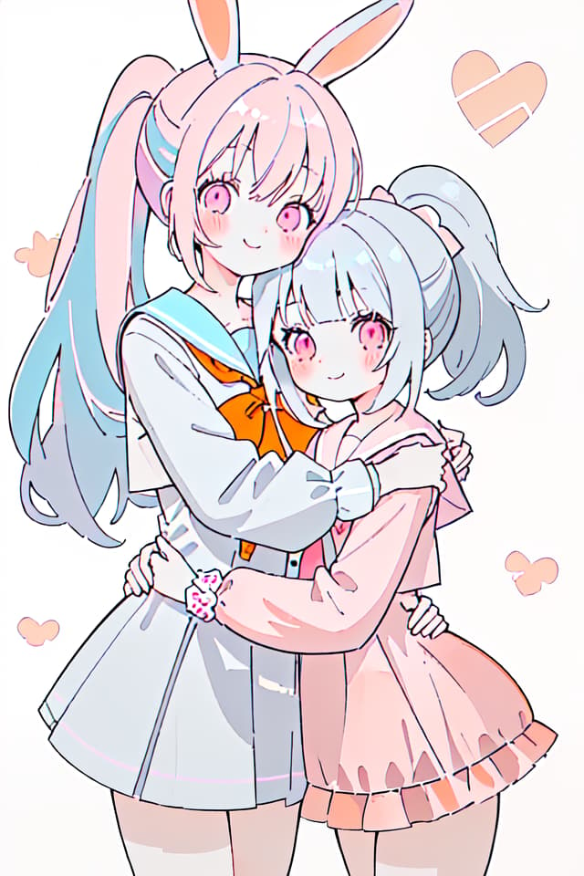  Rabbit ears,friends,smiles,beautiful girls,2 people,(orange eyes,light blue hair,perm,ponytail,),(pink eyes,gray hair,long hair,),cute,good friends,hugging each other,sailor suit,cuteRabbit ears,friends,smiles,beautiful girls,2 people,(orange eyes,light blue hair,perm,ponytail,),(pink eyes,gray hair,long hair,),cute,good friends,hugging each other,sailor suit,cute(absurd detailed:1.4、best quality:1.4、masterpiece:1.4)、、