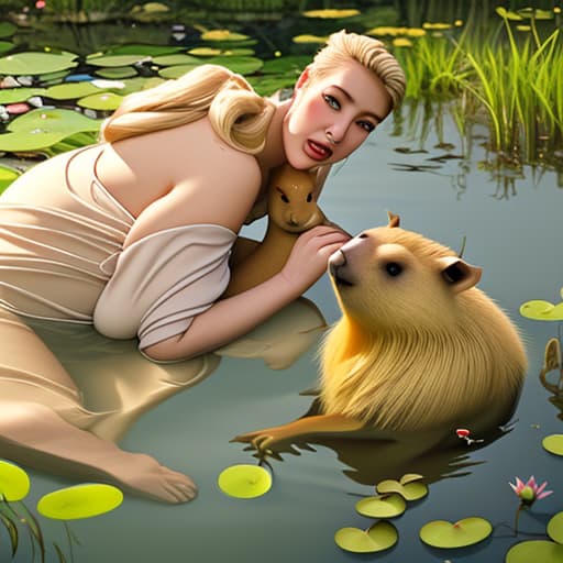  A realistic photograph of a full figured blond woman with a capybara next to a pond with lili pads