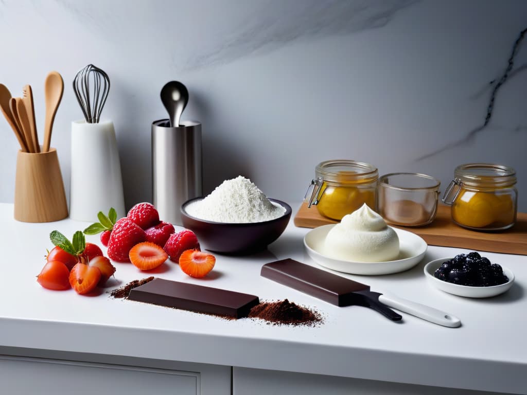  A closeup, ultradetailed image of a sleek, modern kitchen countertop adorned with an array of highquality baking tools and ingredients meticulously arranged in an organized and aesthetically pleasing manner. The tools include stainless steel measuring spoons, a marble rolling pin, a stack of pristine white mixing bowls, and various wooden utensils, all set against a backdrop of fresh, vibrant berries, dark chocolate chunks, and fragrant vanilla pods. The lighting is soft yet illuminating, casting gentle shadows that highlight the textures and intricate details of each item, creating a visually striking and inviting scene for aspiring bakers. hyperrealistic, full body, detailed clothing, highly detailed, cinematic lighting, stunningly beautiful, intricate, sharp focus, f/1. 8, 85mm, (centered image composition), (professionally color graded), ((bright soft diffused light)), volumetric fog, trending on instagram, trending on tumblr, HDR 4K, 8K