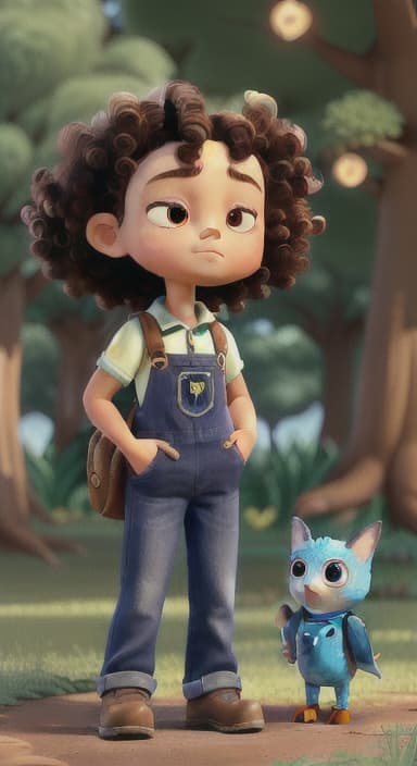  {Riley standing under the tree with eyes closed, making the wish., Riley, a curious with big brown eyes and curly hair, wearing overalls and carrying a small backpack. Their friend, Skye, a bluebird with shiny feathers.