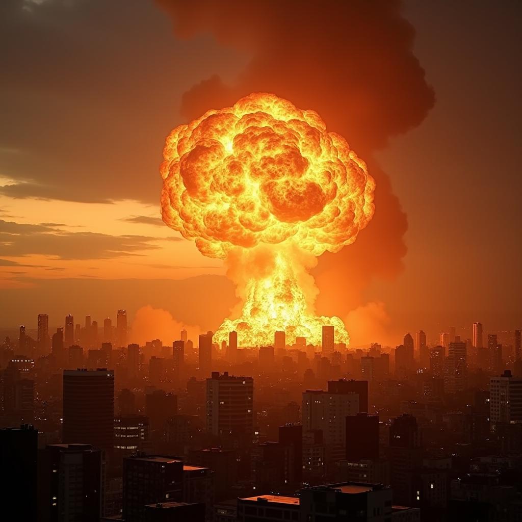  good quality, high quality, a dramatic scene showing a large explosion over an urban cityscape during sunset, capturing the power and intensity with fiery brilliance and vast destruction.