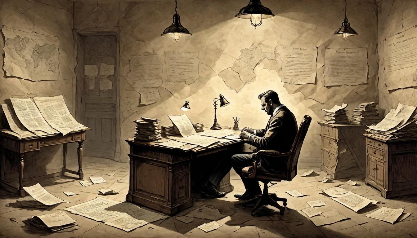  on parchment, surrealism+++, An empty desk with a single dimly lit lamp, casting long shadows over crumpled job listings, the echo of emptiness, initial despair, hopeful glow(mysterious, provocative, symbolic,muted color)+++