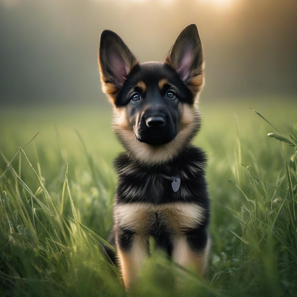  A cute German shepherd puppy in the green grass. hyperrealistic, full body, detailed clothing, highly detailed, cinematic lighting, stunningly beautiful, intricate, sharp focus, f/1. 8, 85mm, (centered image composition), (professionally color graded), ((bright soft diffused light)), volumetric fog, trending on instagram, trending on tumblr, HDR 4K, 8K