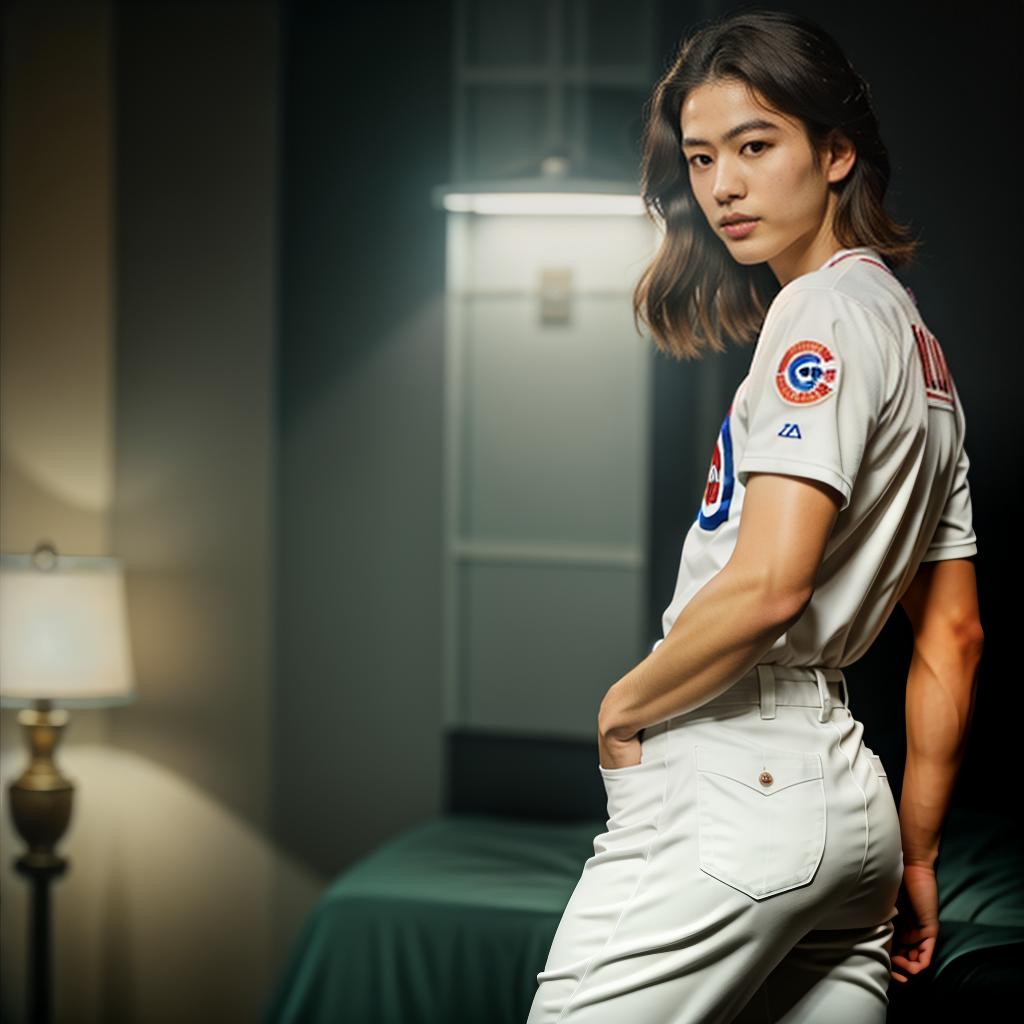  Shohei Ohtani in a Chicago Cubs jersey. hyperrealistic, full body, detailed clothing, highly detailed, cinematic lighting, stunningly beautiful, intricate, sharp focus, f/1. 8, 85mm, (centered image composition), (professionally color graded), ((bright soft diffused light)), volumetric fog, trending on instagram, trending on tumblr, HDR 4K, 8K