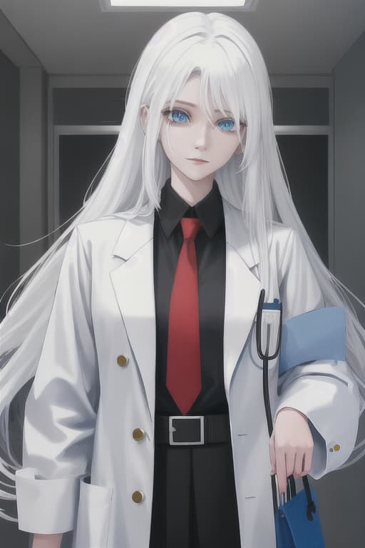  Beautiful girl, white hair, long hair, doctor, hospital, black shirt, red tie, blue eyes