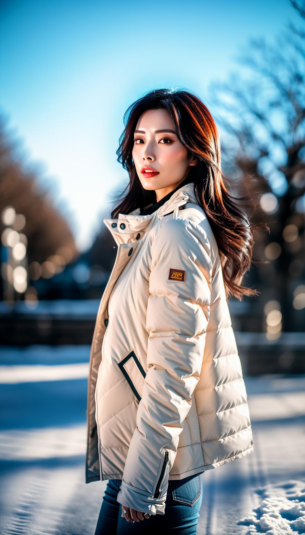  A realistic photo of a beautiful slim young Japanese woman, with medium long brown hair, walking in the winter park. She is wearing a white puff jacket. The area is entirely covered with snow and the sky is clear blue. hyperrealistic, full body, detailed clothing, highly detailed, cinematic lighting, stunningly beautiful, intricate, sharp focus, f/1. 8, 85mm, (centered image composition), (professionally color graded), ((bright soft diffused light)), volumetric fog, trending on instagram, trending on tumblr, HDR 4K, 8K