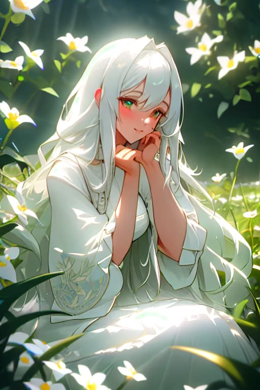  (masterpiece, best quality),1girl with long white hair sitting in a field of green plants and flowers, her hand under her chin, warm lighting, white dress, blurry foreground hyperrealistic, full body, detailed clothing, highly detailed, cinematic lighting, stunningly beautiful, intricate, sharp focus, f/1. 8, 85mm, (centered image composition), (professionally color graded), ((bright soft diffused light)), volumetric fog, trending on instagram, trending on tumblr, HDR 4K, 8K