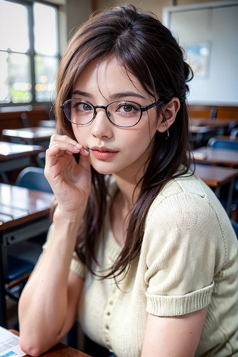  ultra high res, (photorealistic:1.4), raw photo, (realistic face), realistic eyes, (realistic skin), <lora:XXMix9_v20LoRa:0.8>, ((((masterpiece)))), best quality, very_high_resolution, ultra-detailed, in-frame, black hair, ponytail, glasses, middle-aged woman, struggling during an exam, holding a mechanical pencil, spacious classroom, chestnut brown knit