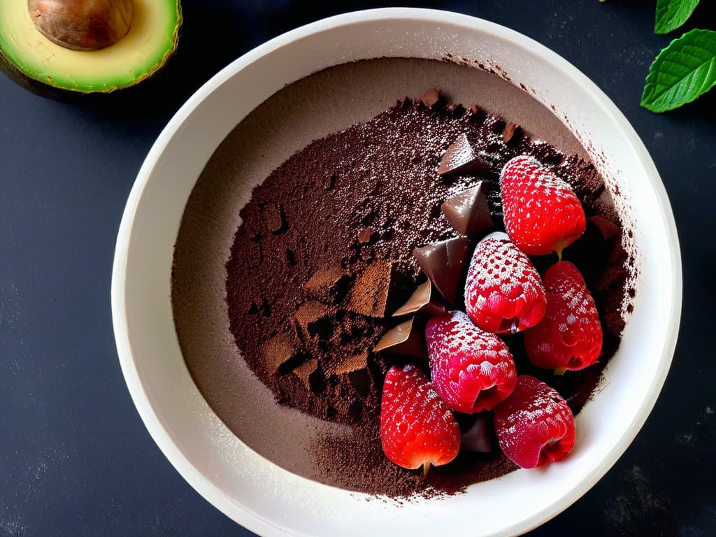  An ultradetailed image of a decadent chocolate avocado mousse topped with fresh raspberries and a dusting of cocoa powder, elegantly presented in a sleek, minimalist white bowl on a marble countertop. The rich, creamy texture of the mousse glistens in the soft natural light, highlighting the vibrant colors of the berries against the dark chocolate backdrop. Each detail, from the smooth avocado base to the glossy raspberry skins, is impeccably sharp and lifelike, inviting the viewer to indulge in the guiltfree sweetness of this sugarfree dessert. hyperrealistic, full body, detailed clothing, highly detailed, cinematic lighting, stunningly beautiful, intricate, sharp focus, f/1. 8, 85mm, (centered image composition), (professionally color graded), ((bright soft diffused light)), volumetric fog, trending on instagram, trending on tumblr, HDR 4K, 8K