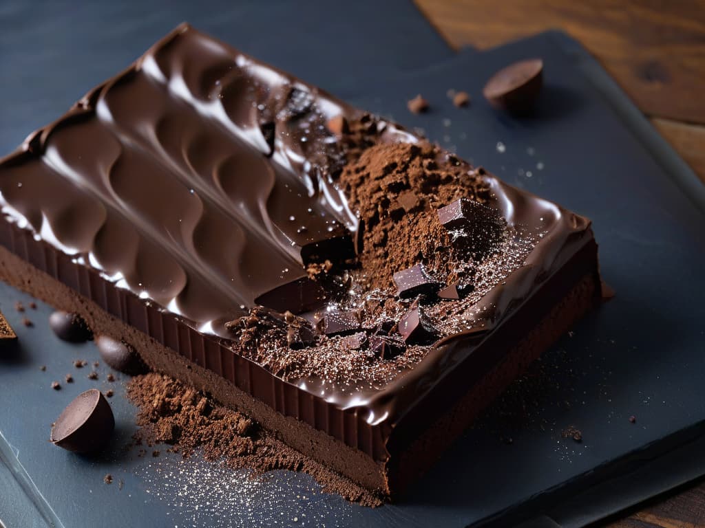  A closeup, photorealistic image of a glossy, perfectly tempered chocolate bar being broken in half with a satisfying snap. The chocolate has a beautiful shine and a smooth texture, with visible cocoa butter crystals creating a mesmerizing pattern on the surface. Crumbs of chocolate delicately scatter around the broken edges, showcasing the expert craftsmanship and attention to detail in chocolate tempering. The background is a soft focus, highlighting the intricate details of the chocolate bar and inviting the viewer to appreciate the artistry of tempering chocolate for pastrymaking. hyperrealistic, full body, detailed clothing, highly detailed, cinematic lighting, stunningly beautiful, intricate, sharp focus, f/1. 8, 85mm, (centered image composition), (professionally color graded), ((bright soft diffused light)), volumetric fog, trending on instagram, trending on tumblr, HDR 4K, 8K