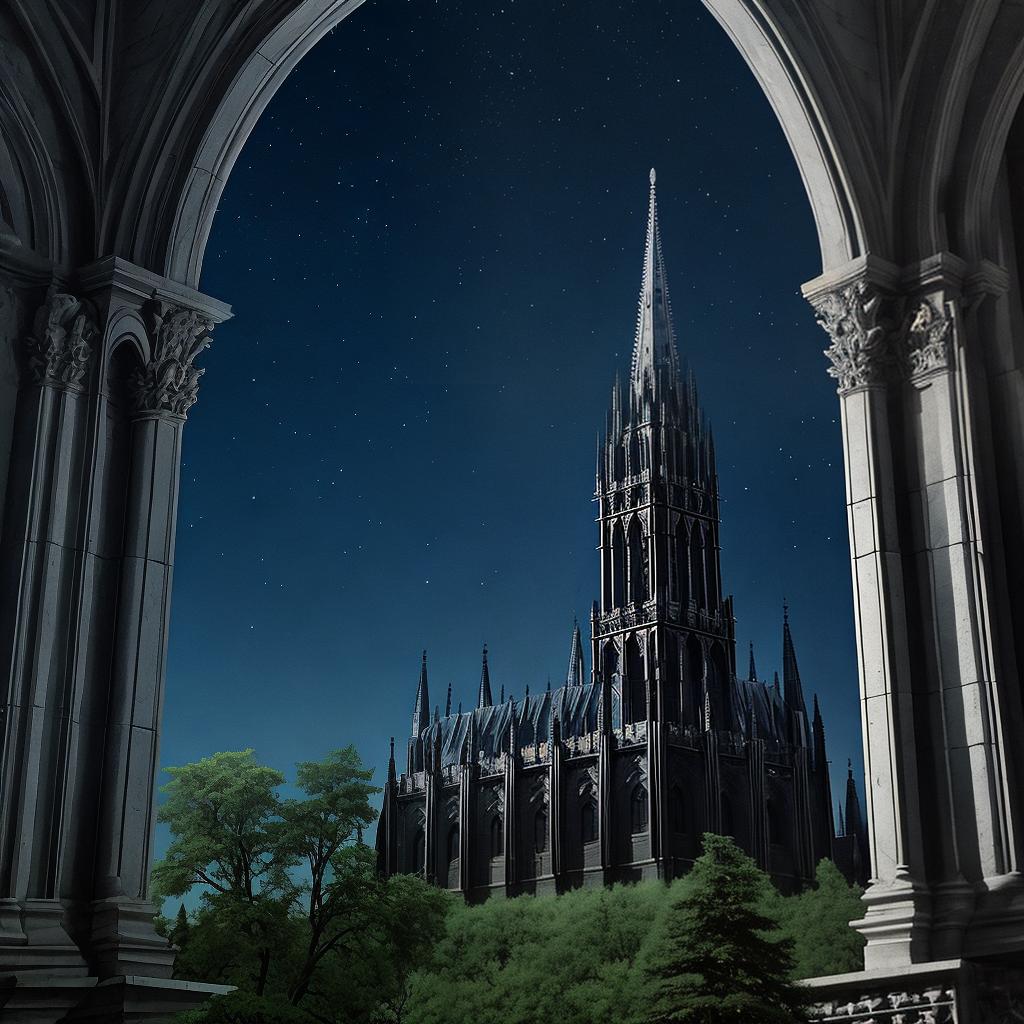  in a gothic aesthetic, Ethereal spires pierce the moonlit sky, as ancient arches weave tales of forgotten realms in a Gothic tapestry.