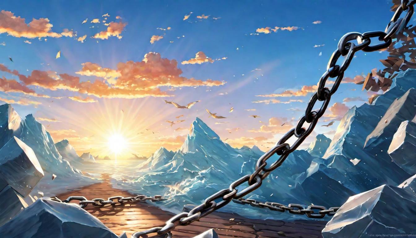  digital illustration, A broken chain, shards of metal flying apart, background of blue sky and sunrise, liberation, hope, looking at viewer, dynamic pose, (intricate details, masterpiece, best quality)