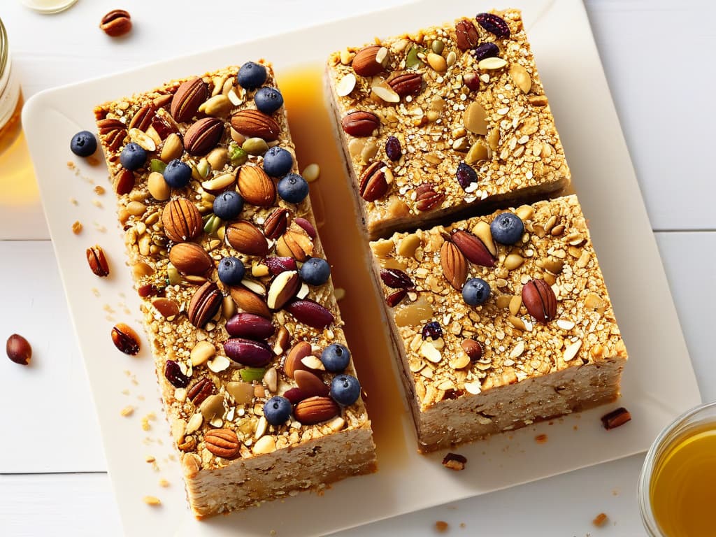  An ultradetailed closeup image of a homemade energy bar, showcasing layers of nuts, seeds, dried fruits, and a drizzle of honey on top. The lighting is soft, emphasizing the textures and natural colors of the ingredients, with a clean, white background enhancing the minimalistic aesthetic. hyperrealistic, full body, detailed clothing, highly detailed, cinematic lighting, stunningly beautiful, intricate, sharp focus, f/1. 8, 85mm, (centered image composition), (professionally color graded), ((bright soft diffused light)), volumetric fog, trending on instagram, trending on tumblr, HDR 4K, 8K