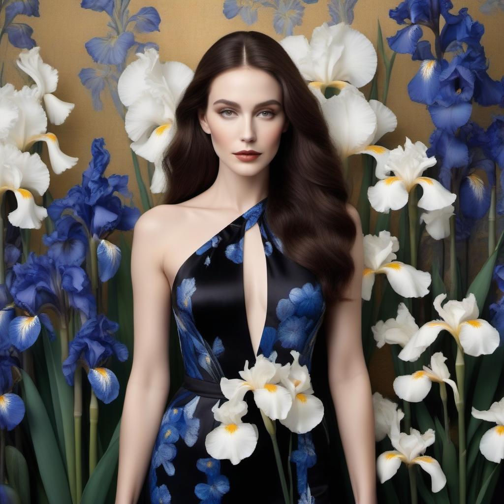  A beautiful in a black black against the backdrop of flowers, white and blue irises.Style artist Klimt, style art