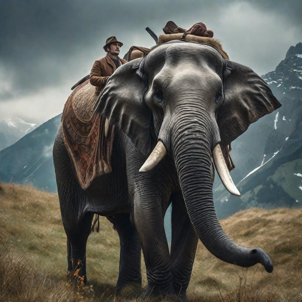  Hannibal sur un éléphant dans les Alpes hyperrealistic, full body, detailed clothing, highly detailed, cinematic lighting, stunningly beautiful, intricate, sharp focus, f/1. 8, 85mm, (centered image composition), (professionally color graded), ((bright soft diffused light)), volumetric fog, trending on instagram, trending on tumblr, HDR 4K, 8K