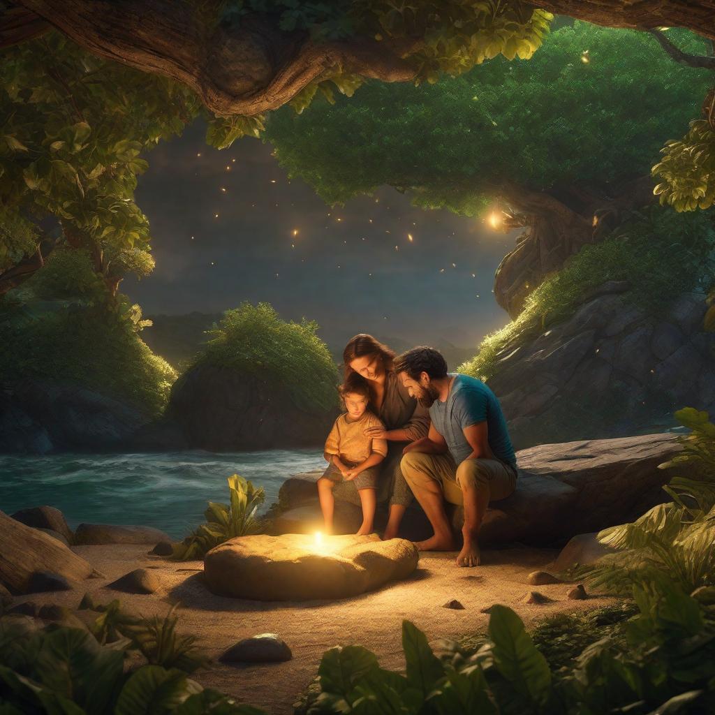  "A young child and their mother on a brightly lit island, joyfully preparing to make a wish upon a shining stone they've discovered, but facing an unforeseen obstacle before they can utilize the stone."((masterpiece)), best quality, very detailed, high resolution, sharp, sharp image, extremely detailed, 4k, 8k, fairytale hyperrealistic, full body, detailed clothing, highly detailed, cinematic lighting, stunningly beautiful, intricate, sharp focus, f/1. 8, 85mm, (centered image composition), (professionally color graded), ((bright soft diffused light)), volumetric fog, trending on instagram, trending on tumblr, HDR 4K, 8K