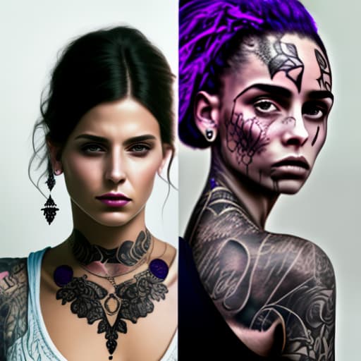 estilovintedois dos gemelas con tatuajes y pelo largo violeta y aros sobre fondo negro