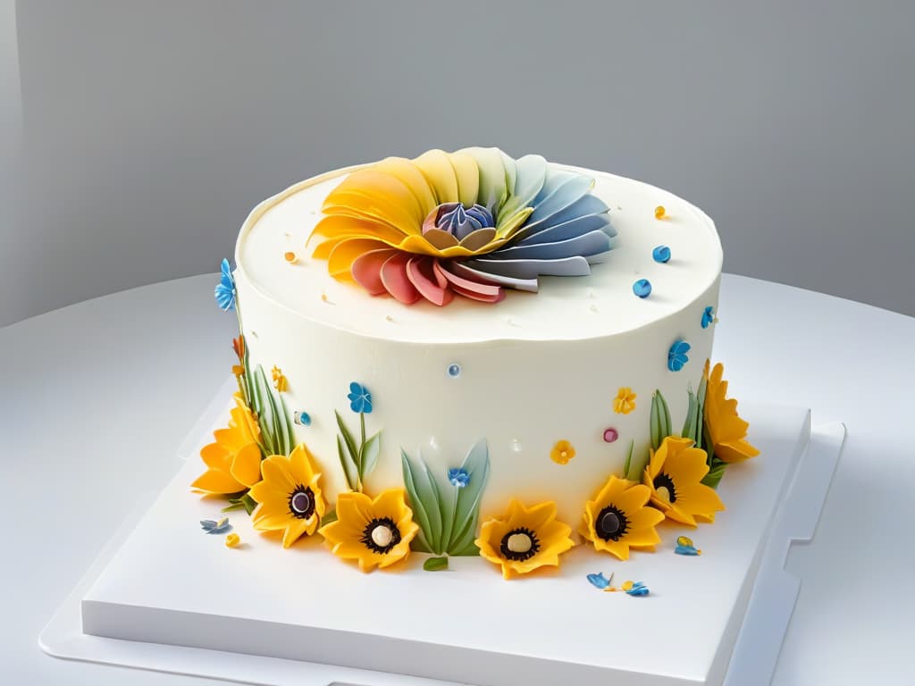  A beautifully decorated cake sitting on a sleek, modern kitchen counter, with intricate augmented reality elements swirling around it. The AR elements include digital flowers blooming, colorful sparkles cascading down, and glowing patterns enhancing the cake's design, all against a clean, white background to emphasize the futuristic and innovative aspect of using augmented reality in cake decorating. hyperrealistic, full body, detailed clothing, highly detailed, cinematic lighting, stunningly beautiful, intricate, sharp focus, f/1. 8, 85mm, (centered image composition), (professionally color graded), ((bright soft diffused light)), volumetric fog, trending on instagram, trending on tumblr, HDR 4K, 8K