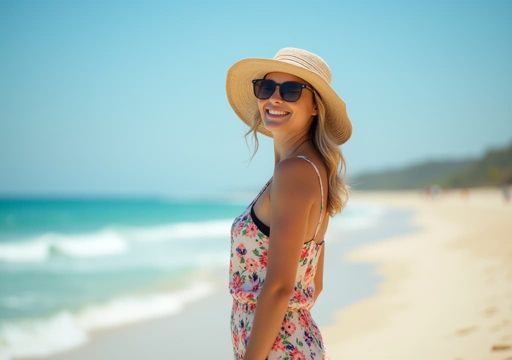  good quality, high quality, a woman stands confidently at the beach, wearing a floral summer outfit and a wide brimmed hat, enjoying the bright sunshine and scenic coastal view.