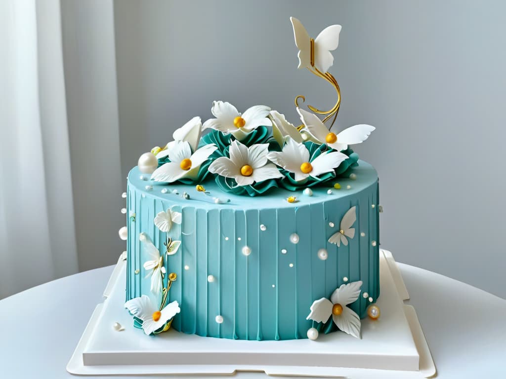  A photorealistic image of a beautifully decorated cake with intricate details like delicate sugar flowers, ornate icing patterns, and shimmering edible pearls, all enhanced with augmented reality elements such as twinkling lights, animated butterflies fluttering around, and colorful bursts of confetti falling gently onto the cake's surface. The cake sits on a pristine white cake stand against a soft focus background, emphasizing the exquisite craftsmanship and magical quality of the augmented reality decorations. hyperrealistic, full body, detailed clothing, highly detailed, cinematic lighting, stunningly beautiful, intricate, sharp focus, f/1. 8, 85mm, (centered image composition), (professionally color graded), ((bright soft diffused light)), volumetric fog, trending on instagram, trending on tumblr, HDR 4K, 8K