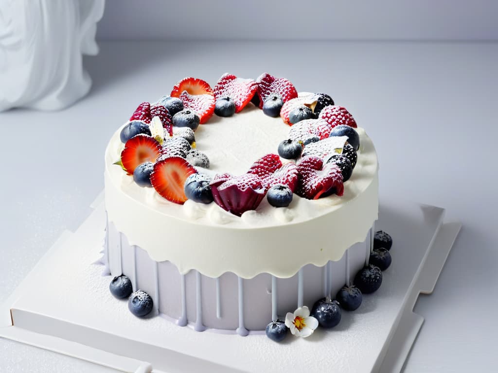  A minimalistic image of a beautifully decorated vegan sour cream cake, featuring intricate swirls of dairyfree frosting, fresh berries, and edible flowers on a sleek white platter, set against a soft grey backdrop to enhance the vibrant colors of the dessert. hyperrealistic, full body, detailed clothing, highly detailed, cinematic lighting, stunningly beautiful, intricate, sharp focus, f/1. 8, 85mm, (centered image composition), (professionally color graded), ((bright soft diffused light)), volumetric fog, trending on instagram, trending on tumblr, HDR 4K, 8K