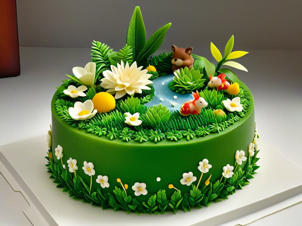  A closeup, ultradetailed image of a delicate, intricately designed sugar sculpture depicting a lush, vibrant ecosystem with tiny edible plants, flowers, and animals, showcasing the beauty and importance of biodiversity in a sustainable pastry creation. hyperrealistic, full body, detailed clothing, highly detailed, cinematic lighting, stunningly beautiful, intricate, sharp focus, f/1. 8, 85mm, (centered image composition), (professionally color graded), ((bright soft diffused light)), volumetric fog, trending on instagram, trending on tumblr, HDR 4K, 8K