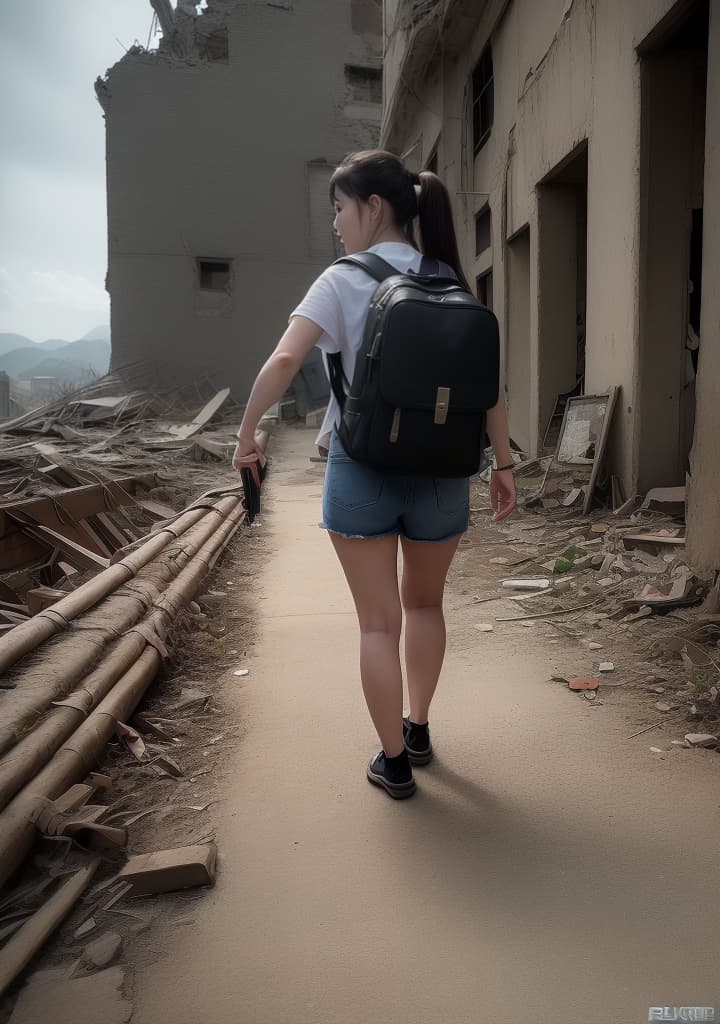  ((a wide angle view of Full body A beautiful Korean woman with pale skin, middle ponytail. a backpack and a gun walking in a post-apocalyptic world full of dangers and ruins of Seoul. The image is realistic and cinematic. Her clothes are worn and torn from the harsh conditions and fights. ultra details. Realistic scenes.)),(), beautiful, high quality,masterpiece,extremely detailed,high res,4k,ultra high res,detailed shadow,ultra realistic,dramatic lighting,bright light