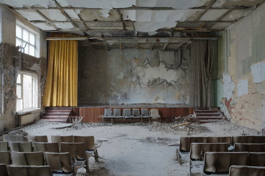  The Chernobyl trial took place roughly a year after the disaster, in the town of Chernobyl, approximately 9 kilometers from the power plant. It lasted only two weeks. For the proceedings, a community center was transformed into a courtroom. A curtain was placed to cover the depth of the stage, leaving only a narrow space on the proscenium to accommodate the three judges' seats and a small table for the stenographer (court reporter) next to them. The first rows in the audience section were removed to make space for the accused seating, defense and prosecution tables, witness stand, and security. The remaining seats were left for a small group of spectators and a limited number of journalists.;