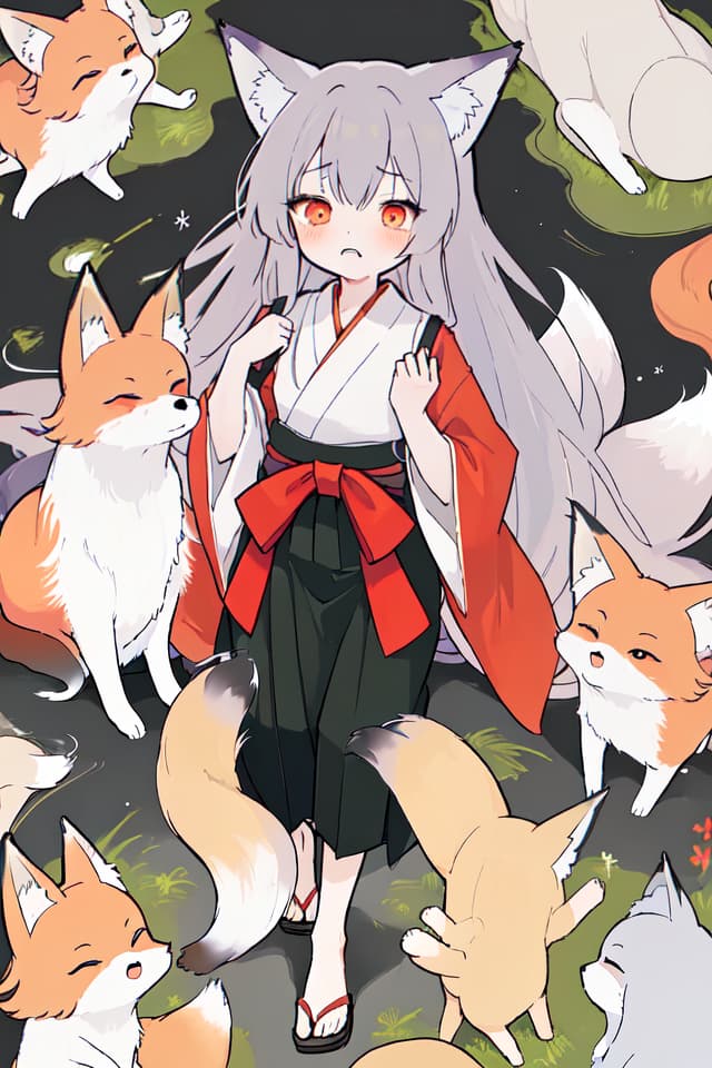  A , wearing a long hem hakama, , long hair, fox maiden, vomiting face