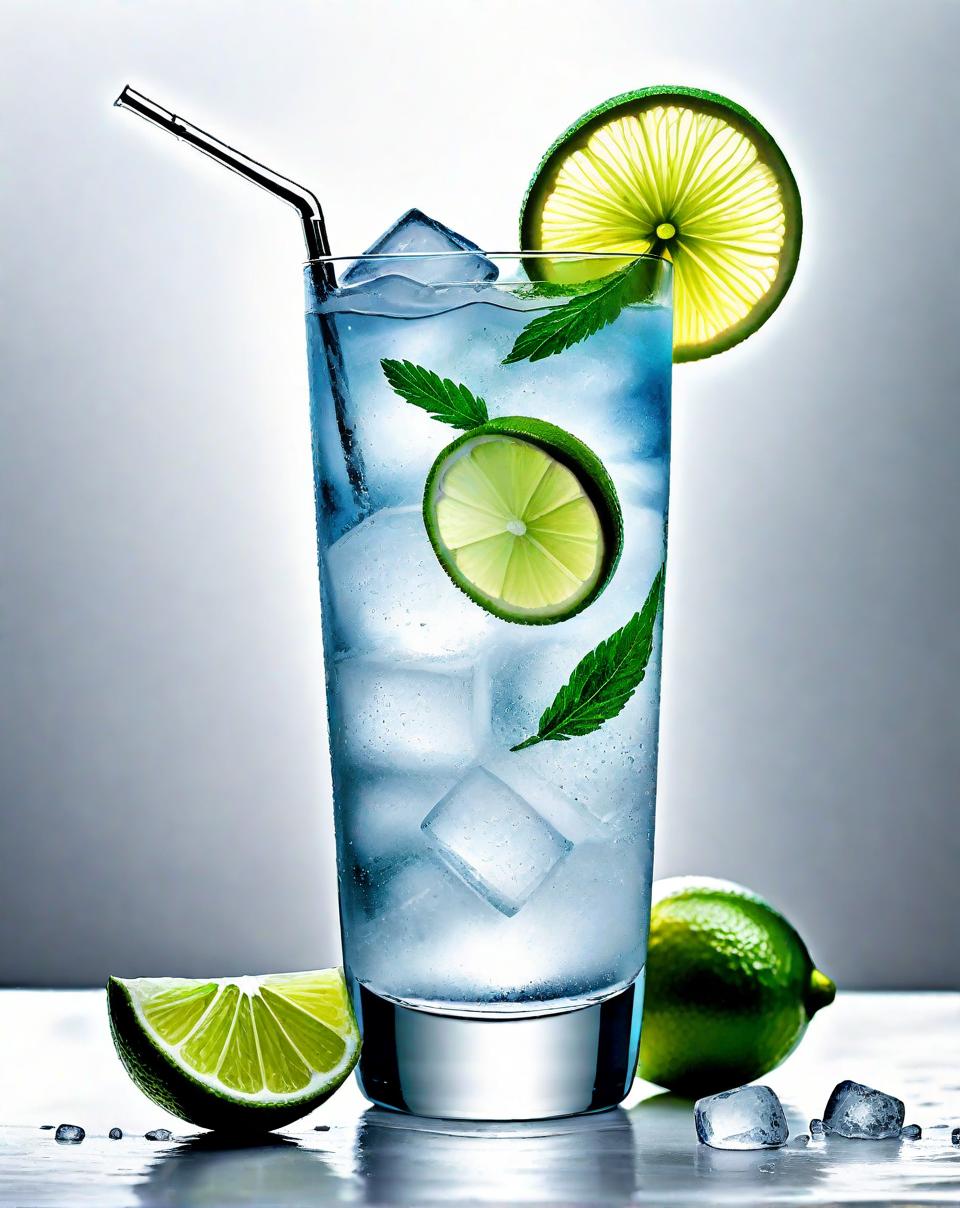  A beautiful, artistic watercolor painting of a gin and tonic, on a white background. The drink is served in a tall, slender glass with ice cubes and a slice of lime. The painting should focus solely on the glass and its contents, emphasizing the clarity and refreshing look of the ice and lime in the glass. The style should remain light and airy with delicate brush strokes, highlighting the drink's appealing aesthetics.