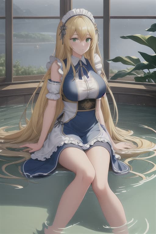  (score 9,score 8 up,score 7 up,),1girl,solo,maid,maid headdress,looking at viewer,outdoor,lake,apron,blonde hair,indoors,green eyes,bare foot,two feet in the water lotus flower sex stunny hyperrealistic, full body, detailed clothing, highly detailed, cinematic lighting, stunningly beautiful, intricate, sharp focus, f/1. 8, 85mm, (centered image composition), (professionally color graded), ((bright soft diffused light)), volumetric fog, trending on instagram, trending on tumblr, HDR 4K, 8K