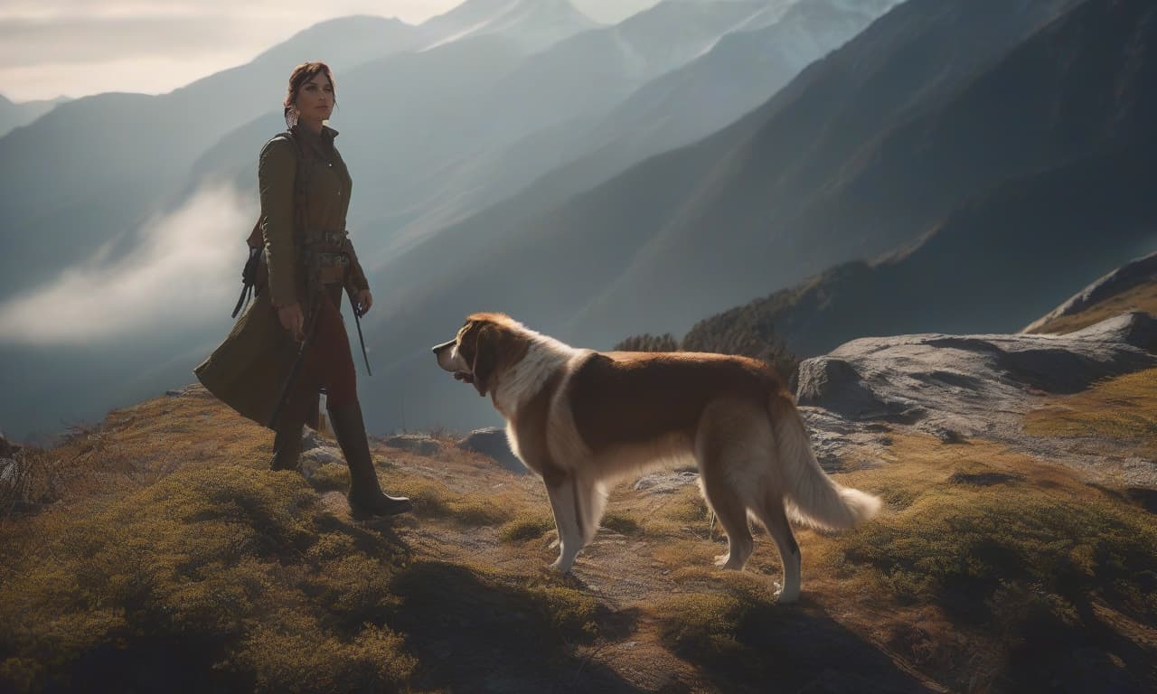  April O'Neil walks through the mountains with a big dog. hyperrealistic, full body, detailed clothing, highly detailed, cinematic lighting, stunningly beautiful, intricate, sharp focus, f/1. 8, 85mm, (centered image composition), (professionally color graded), ((bright soft diffused light)), volumetric fog, trending on instagram, trending on tumblr, HDR 4K, 8K