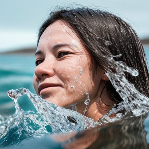  woman's face sticking from the water The shore is visible in the background