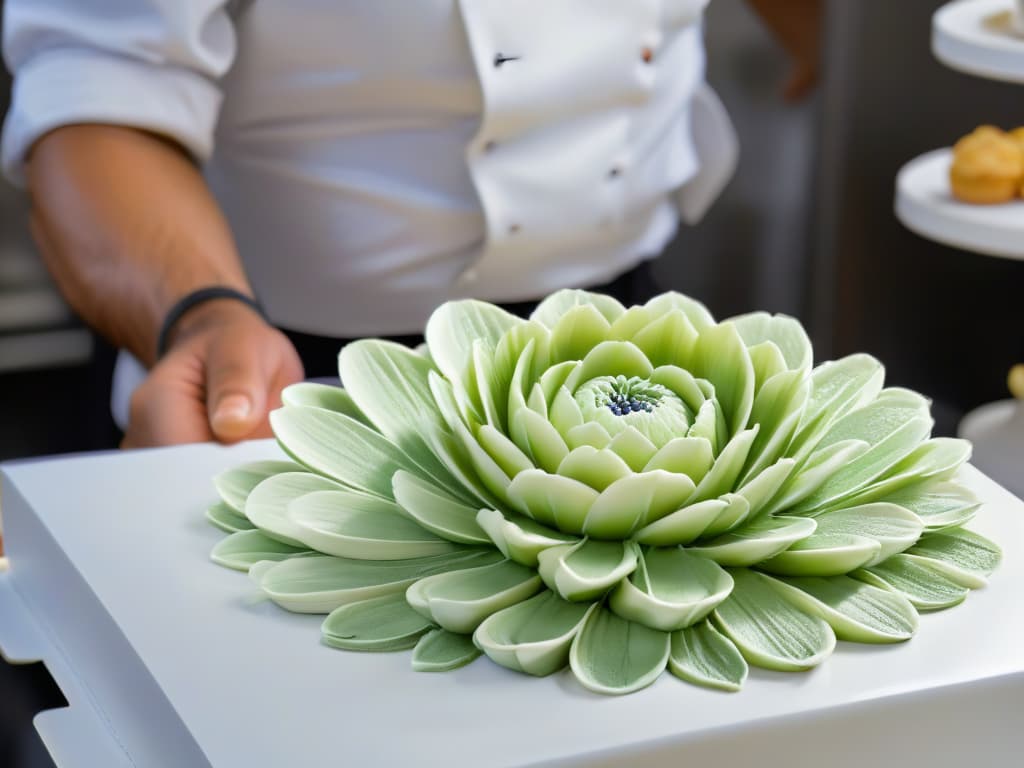  A closeup, ultradetailed image of a delicate, intricately designed sugar flower being meticulously crafted by a skilled pastry chef's hands. The focus is on the chef's precise movements as they sculpt each petal and leaf with expert precision, showcasing the artistry and skill required in the world of pastry competitions. The background is blurred to emphasize the fine details of the flower, creating a visually captivating and inspiring scene for the audience, perfectly complementing the informative yet aspirational tone of the article. hyperrealistic, full body, detailed clothing, highly detailed, cinematic lighting, stunningly beautiful, intricate, sharp focus, f/1. 8, 85mm, (centered image composition), (professionally color graded), ((bright soft diffused light)), volumetric fog, trending on instagram, trending on tumblr, HDR 4K, 8K