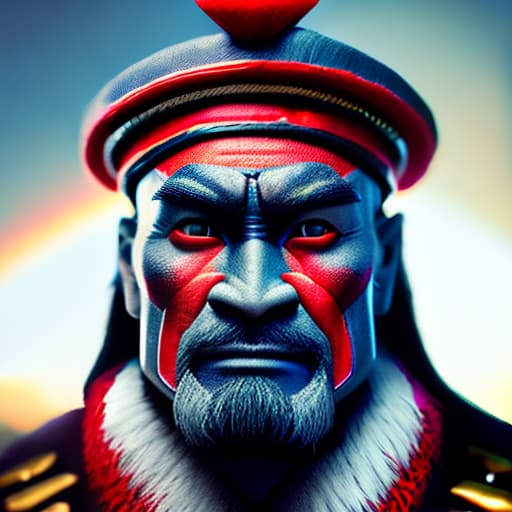 wa-vy style Portrait photo of a asia old warrior chief, tribal panther make up, blue on red, side profile, looking away, serious eyes, 50mm portrait photography, hard rim lighting photography hyperrealistic, full body, detailed clothing, highly detailed, cinematic lighting, stunningly beautiful, intricate, sharp focus, f/1. 8, 85mm, (centered image composition), (professionally color graded), ((bright soft diffused light)), volumetric fog, trending on instagram, trending on tumblr, HDR 4K, 8K