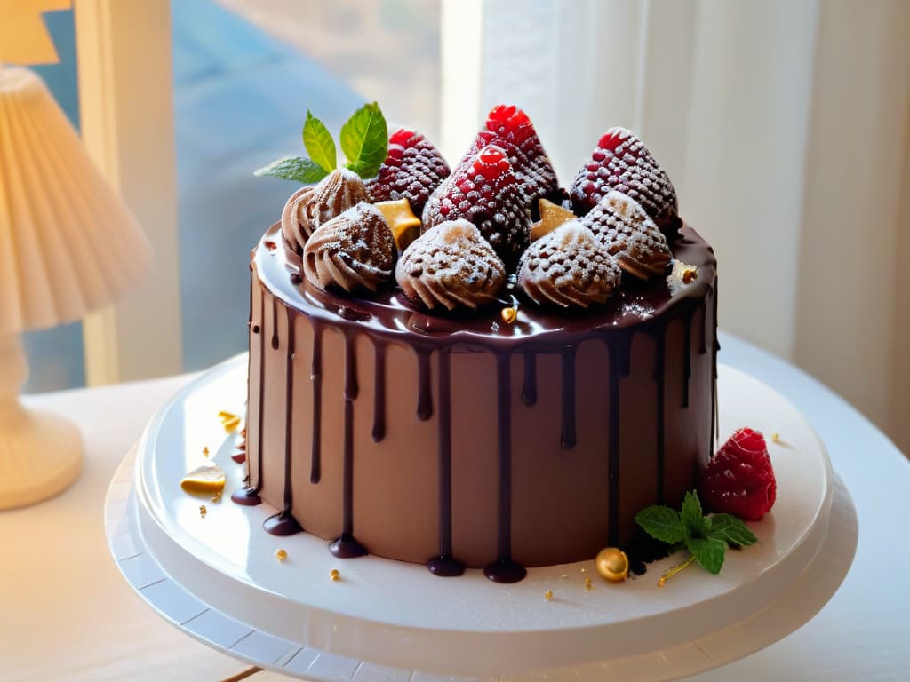  A closeup, photorealistic image of a decadent triplelayer chocolate cake topped with intricate chocolate shavings, glossy ganache drips, and delicate edible gold flakes. The cake sits on a pristine white cake stand, surrounded by fresh raspberries and mint leaves, with soft natural light filtering through a nearby window, highlighting every sumptuous detail of this exquisite dessert. hyperrealistic, full body, detailed clothing, highly detailed, cinematic lighting, stunningly beautiful, intricate, sharp focus, f/1. 8, 85mm, (centered image composition), (professionally color graded), ((bright soft diffused light)), volumetric fog, trending on instagram, trending on tumblr, HDR 4K, 8K