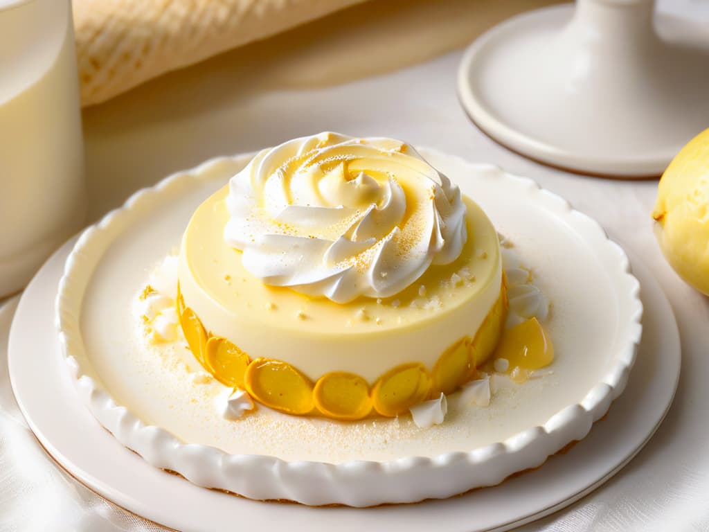  An ultradetailed closeup image of a delicate Sablé Bretón cookie topped with a dollop of tangy lemon cream and a perfectly toasted swirl of Italian meringue, all balanced on a pristine white porcelain plate. The cookie appears golden and crumbly, with specks of vanilla beans visible, while the lemon cream glistens with a hint of zest and the meringue shows intricate peaks and valleys from being torched to perfection. The play of textures and colors against the clean background creates a visually striking and minimalistic composition that evokes a sense of sophistication and indulgence. hyperrealistic, full body, detailed clothing, highly detailed, cinematic lighting, stunningly beautiful, intricate, sharp focus, f/1. 8, 85mm, (centered image composition), (professionally color graded), ((bright soft diffused light)), volumetric fog, trending on instagram, trending on tumblr, HDR 4K, 8K