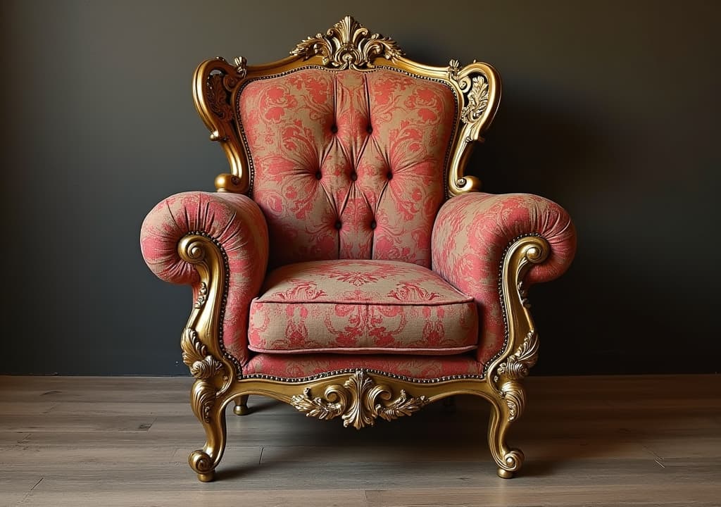  good quality, high quality, an intricately designed antique chair featuring ornate carvings and luxurious upholstery, perfect for elegant interiors.