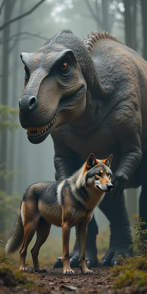  good quality, high quality, a wolf standing right next to a tyrannosaurus, epic, realistic, highly detailed