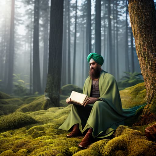 redshift style A picture of a man wearing a green turban and a green cloak, holding a book in his right hand, sitting in the forest hyperrealistic, full body, detailed clothing, highly detailed, cinematic lighting, stunningly beautiful, intricate, sharp focus, f/1. 8, 85mm, (centered image composition), (professionally color graded), ((bright soft diffused light)), volumetric fog, trending on instagram, trending on tumblr, HDR 4K, 8K