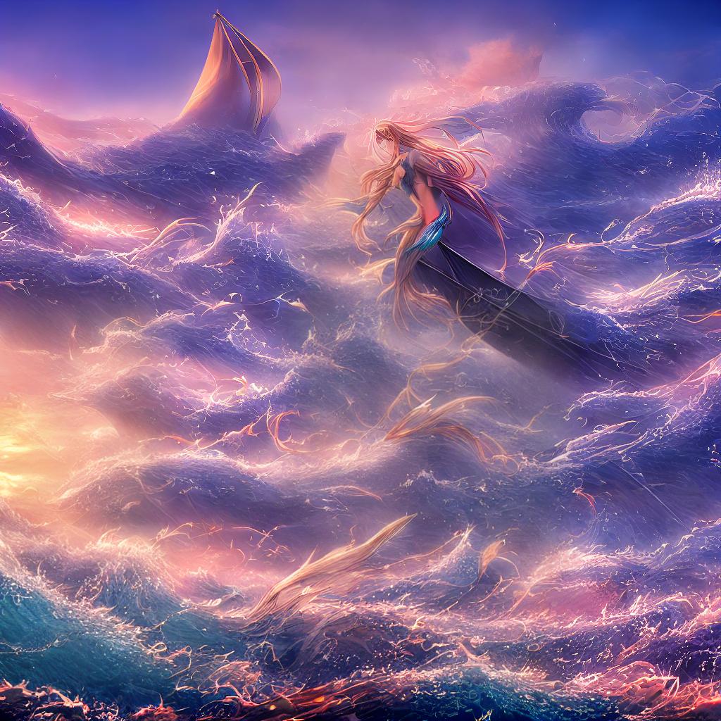  A mesmerizing masterpiece with the best quality, 8k resolution, and high detailed ultra-detailed elements. Immerse yourself in the enchanting world of 8D波光飲. (Glittering ocean waves) crash against the shore as the sun sets, casting a warm golden glow across the scene. ((An ethereal mermaid)) with flowing hair and shimmering scales gracefully emerges from the water, her tail glimmering in the evening light. In the distance, a majestic ((sailing ship)) sails towards the horizon, its billowing sails capturing the breeze. The sky is adorned with vibrant hues of pink, purple, and orange, creating a breathtaking backdrop for this magical moment. hyperrealistic, full body, detailed clothing, highly detailed, cinematic lighting, stunningly beautiful, intricate, sharp focus, f/1. 8, 85mm, (centered image composition), (professionally color graded), ((bright soft diffused light)), volumetric fog, trending on instagram, trending on tumblr, HDR 4K, 8K