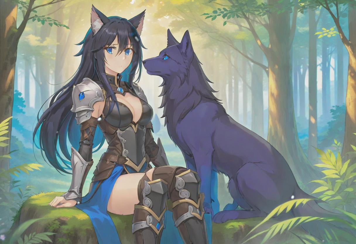  anime artwork A she wolf with long black hair, she has blue eyes and a second sized , as well as wolf ears and tail. Wearing a leather armor that hugs her body and shows off the beauty of the she wolf . She's standing alone, with a forest behind her. She's sitting, gazing into the distance. She's ve, kind, beautiful, and good natured, but tries to hide it. She has beautiful legs. . anime style, key visual, vint, studio anime, highly detailed hyperrealistic, full body, detailed clothing, highly detailed, cinematic lighting, stunningly beautiful, intricate, sharp focus, f/1. 8, 85mm, (centered image composition), (professionally color graded), ((bright soft diffused light)), volumetric fog, trending on instagram, trending on tumblr, HDR 4K, 8K