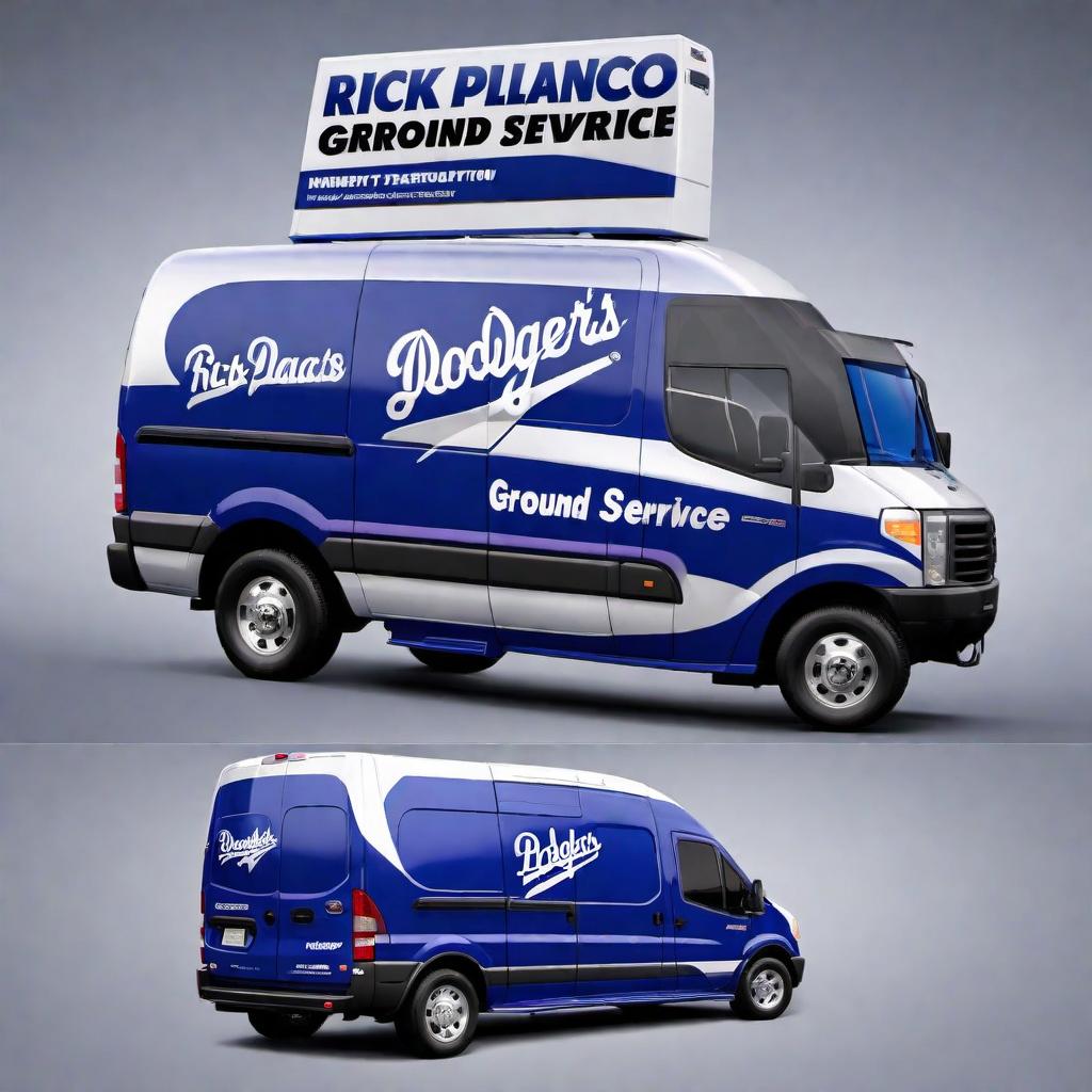  Create a logo for "Rick Polanco's Ground Service", a transportation business using a cargo van. Incorporate the colors blue and purple, inspired by the user's love for the Dodgers team and favorite color growing up. hyperrealistic, full body, detailed clothing, highly detailed, cinematic lighting, stunningly beautiful, intricate, sharp focus, f/1. 8, 85mm, (centered image composition), (professionally color graded), ((bright soft diffused light)), volumetric fog, trending on instagram, trending on tumblr, HDR 4K, 8K