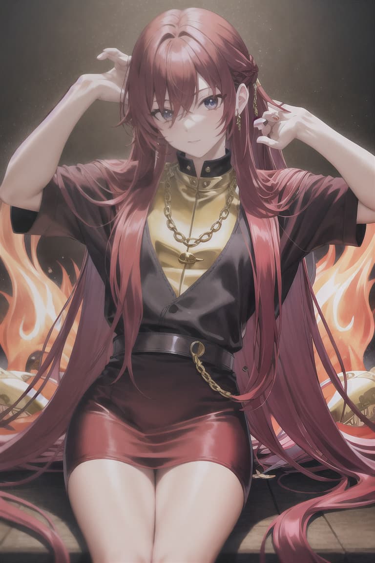  master piece , best quality,Red hair, long hair, adult male, gold chain, seal, flame