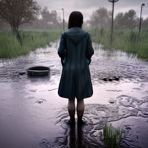 redshift style A sad woman standing in a rain puddle crying, holding a heart in hand